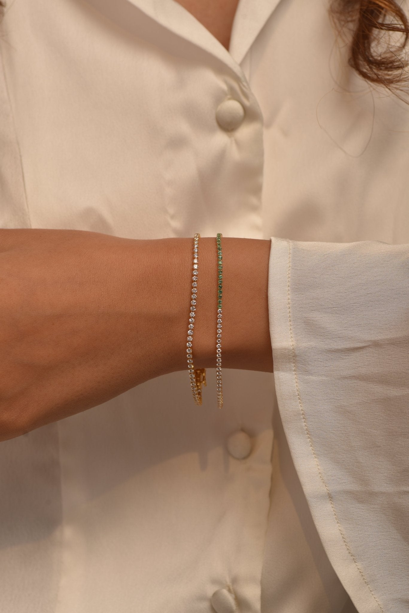 Natural Emerald & Lab Grown Diamond 50 - 50 Custom Tennis Bracelet in 14K/18K Gold - Evara Jewelry LLC