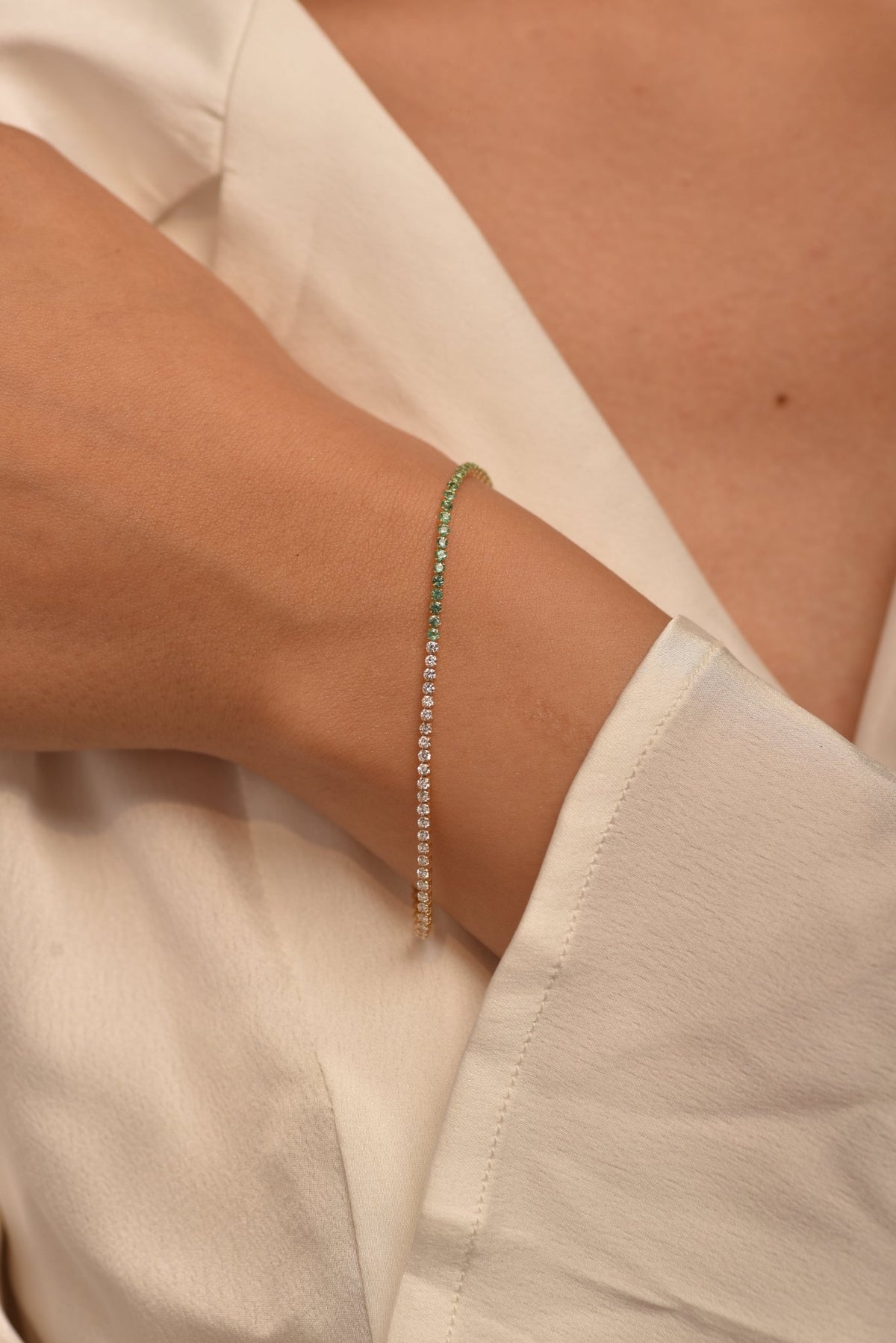 Natural Emerald & Lab Grown Diamond 50 - 50 Custom Tennis Bracelet in 14K/18K Gold - Evara Jewelry LLC