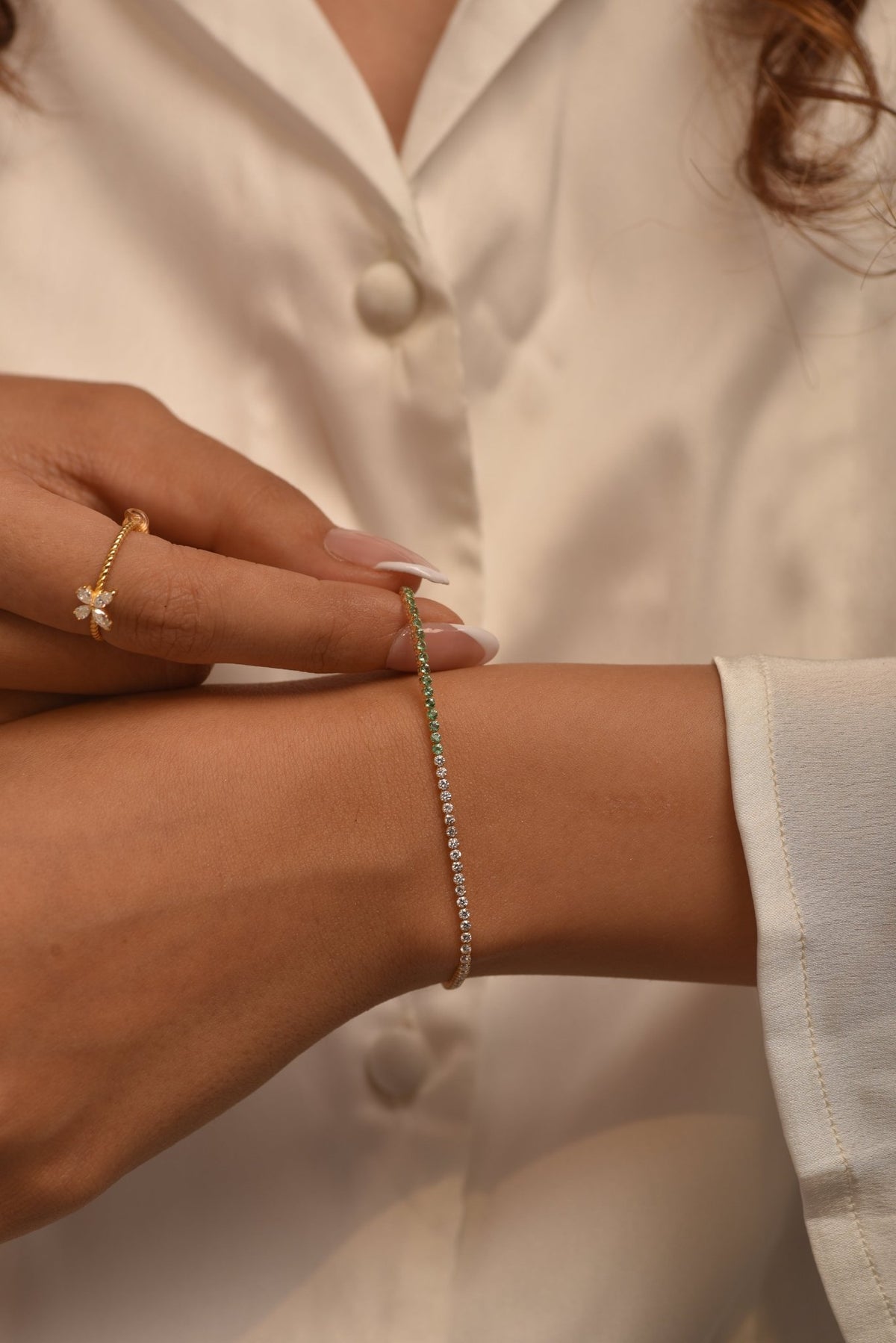 Natural Emerald & Lab Grown Diamond 50 - 50 Custom Tennis Bracelet in 14K/18K Gold - Evara Jewelry LLC