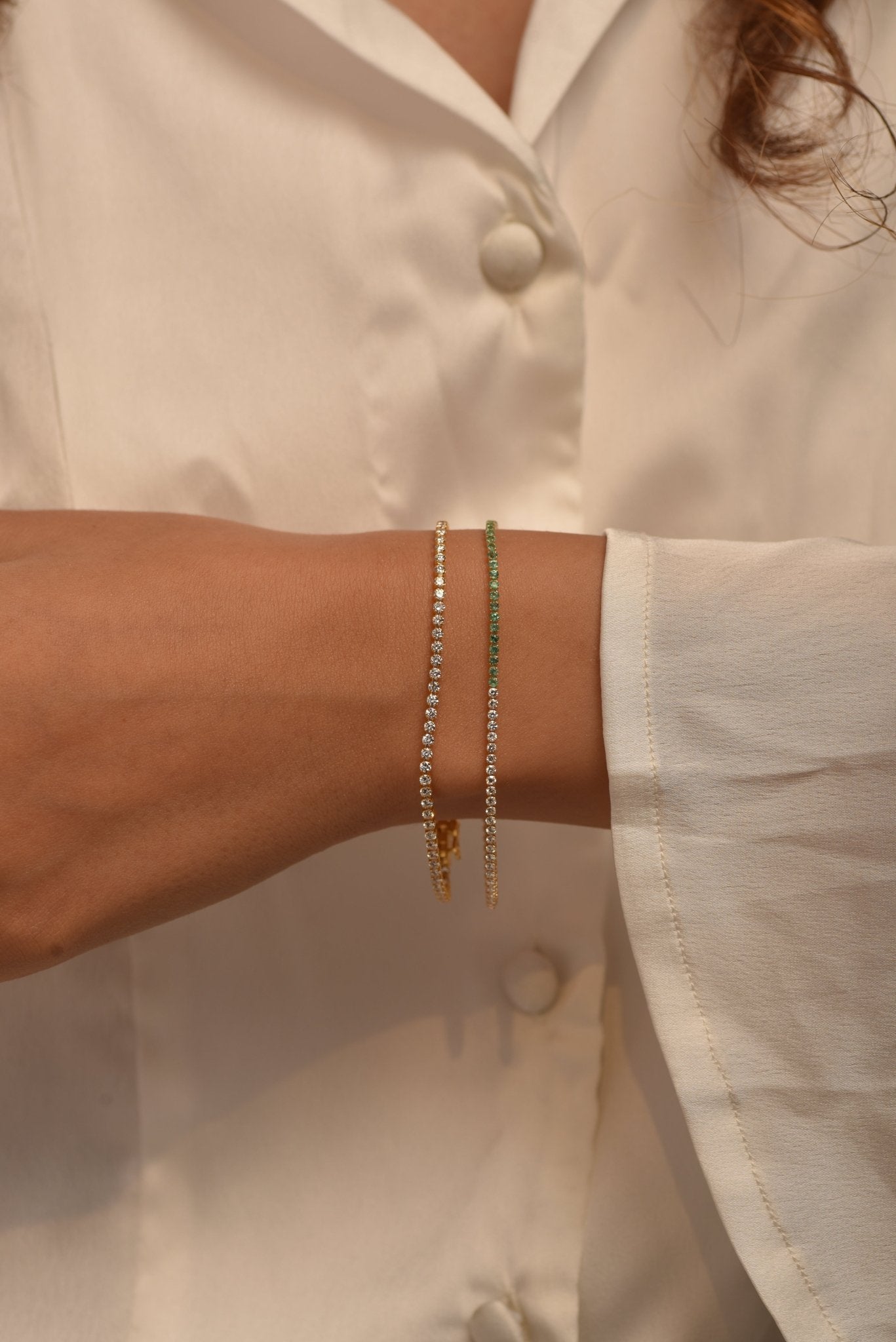 Natural Emerald & Lab Grown Diamond 50 - 50 Custom Tennis Bracelet in 14K/18K Gold - Evara Jewelry LLC