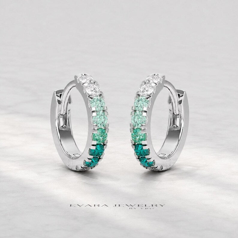 Natural Emerald Teal Ombre & Lab Diamond Hoop Earrings: Everyday Hoops, Birthday Gift for Her - Evara Jewelry LLC
