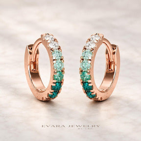 Natural Emerald Teal Ombre & Lab Diamond Hoop Earrings: Everyday Hoops, Birthday Gift for Her - Evara Jewelry LLC