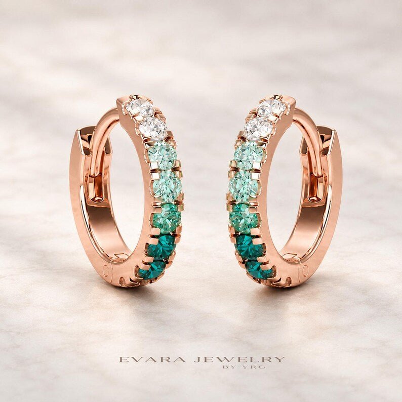 Natural Emerald Teal Ombre & Lab Diamond Hoop Earrings: Everyday Hoops, Birthday Gift for Her - Evara Jewelry LLC