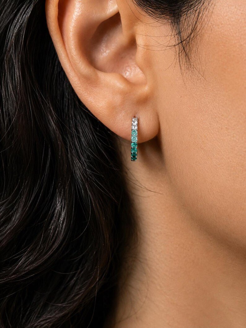 Natural Emerald Teal Ombre & Lab Diamond Hoop Earrings: Everyday Hoops, Birthday Gift for Her - Evara Jewelry LLC