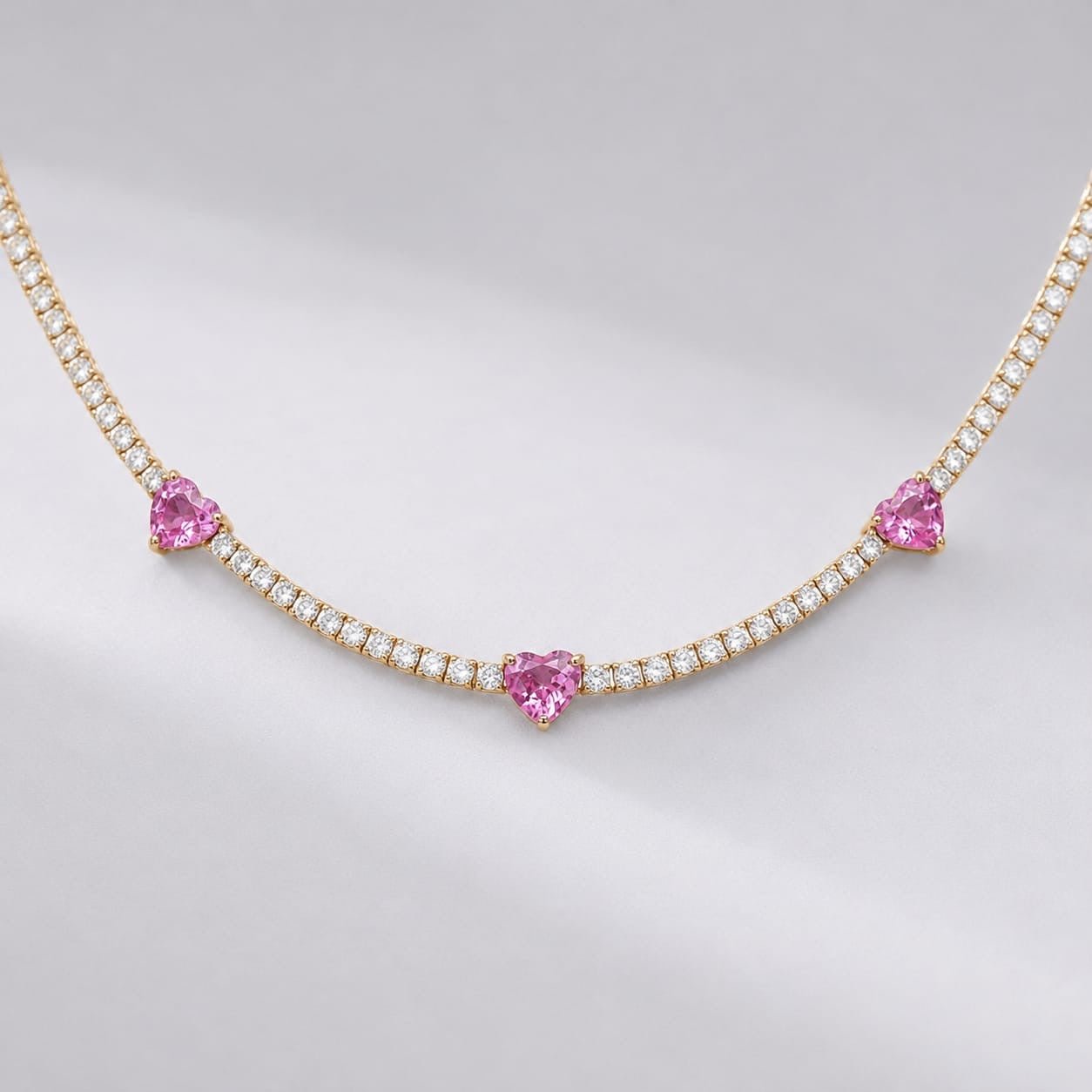 Natural Heart-Cut Pink Sapphire and Lab-Grown Diamond Tennis Necklace - Evara Jewelry LLC
