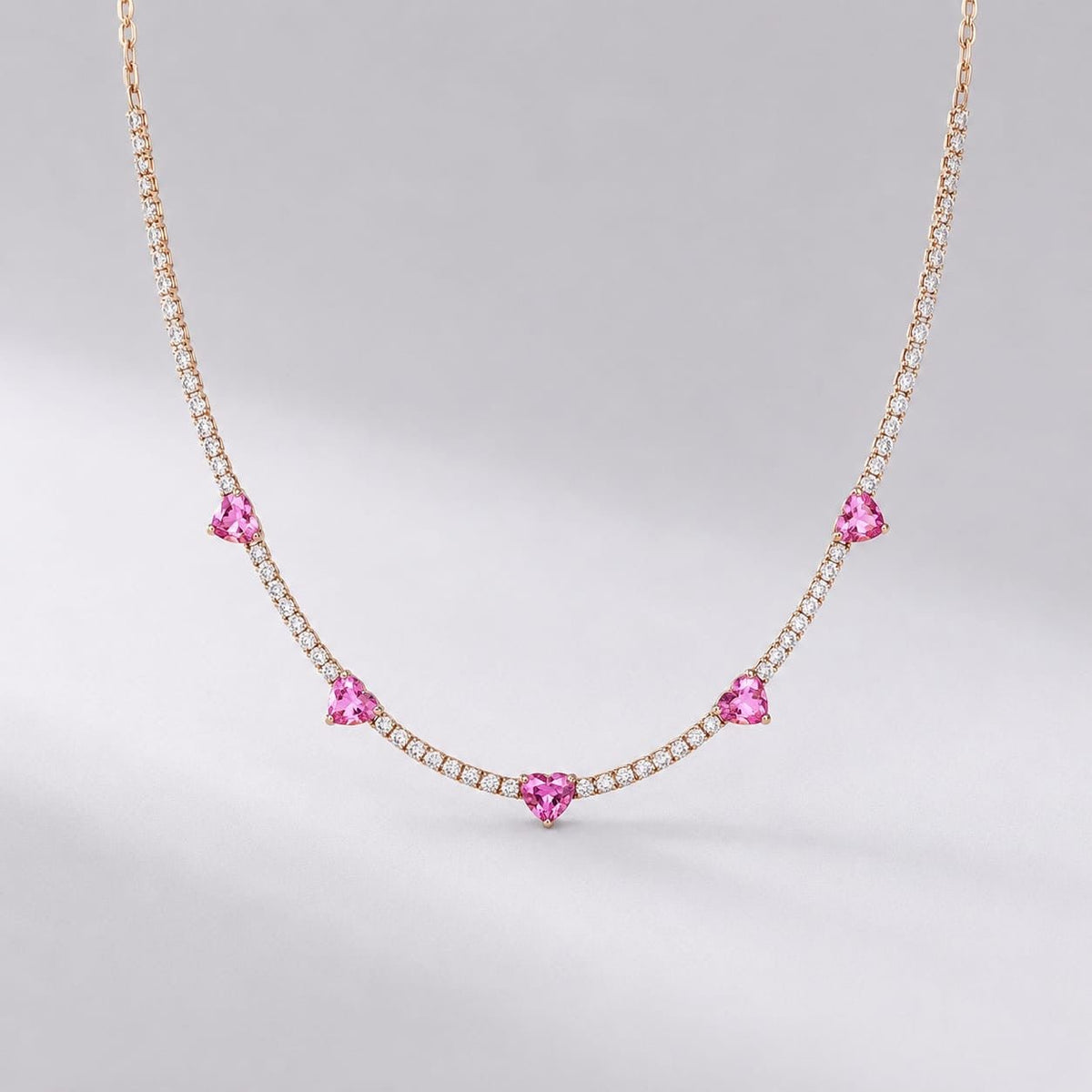 Natural Heart-Cut Pink Sapphire and Lab-Grown Diamond Tennis Necklace - Evara Jewelry LLC