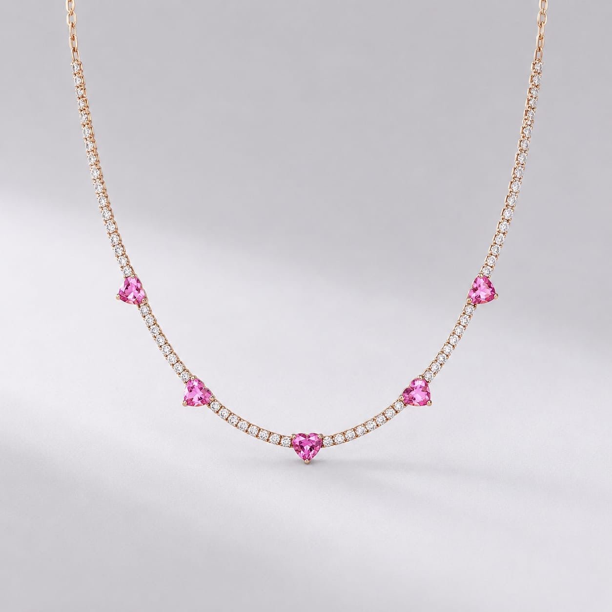 Natural Heart-Cut Pink Sapphire and Lab-Grown Diamond Tennis Necklace - Evara Jewelry LLC