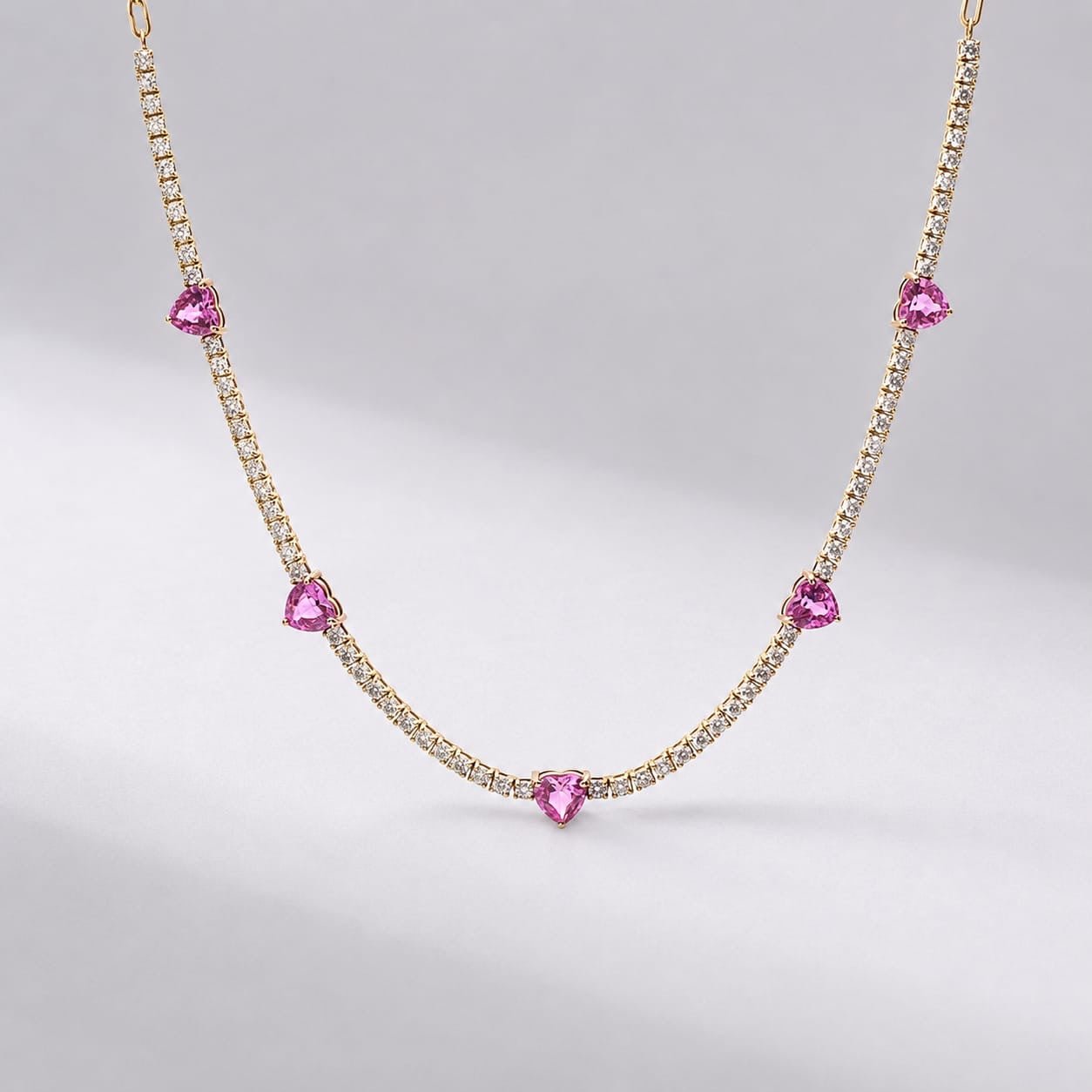Natural Heart-Cut Pink Sapphire and Lab-Grown Diamond Tennis Necklace - Evara Jewelry LLC