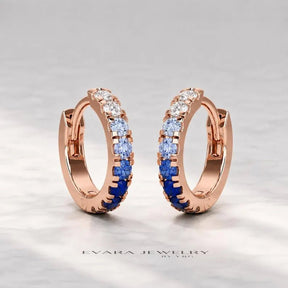 Natural Ombre Blue Sapphire Pave Hoop Earrings: Dainty Hoops, Something Blue Wedding Gift - Evara Jewelry LLC