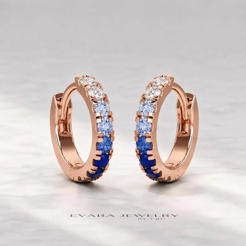 Natural Ombre Blue Sapphire Pave Hoop Earrings: Dainty Hoops, Something Blue Wedding Gift - Evara Jewelry LLC