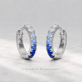 Natural Ombre Blue Sapphire Pave Hoop Earrings: Dainty Hoops, Something Blue Wedding Gift - Evara Jewelry LLC