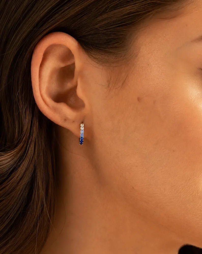 Natural Ombre Blue Sapphire Pave Hoop Earrings: Dainty Hoops, Something Blue Wedding Gift - Evara Jewelry LLC