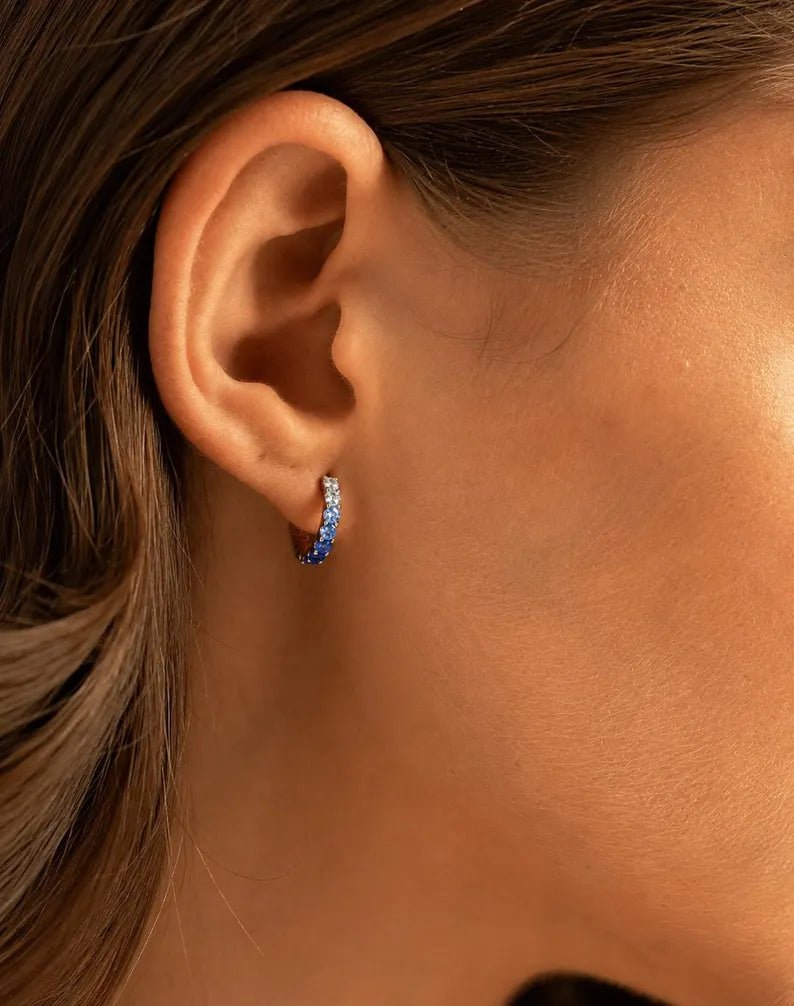 Natural Ombre Blue Sapphire Pave Hoop Earrings: Dainty Hoops, Something Blue Wedding Gift - Evara Jewelry LLC