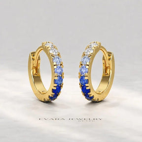 Natural Ombre Blue Sapphire Pave Hoop Earrings: Dainty Hoops, Something Blue Wedding Gift - Evara Jewelry LLC