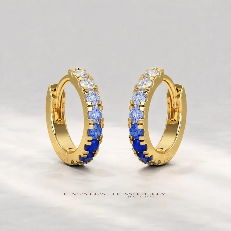 Natural Ombre Blue Sapphire Pave Hoop Earrings: Dainty Hoops, Something Blue Wedding Gift - Evara Jewelry LLC