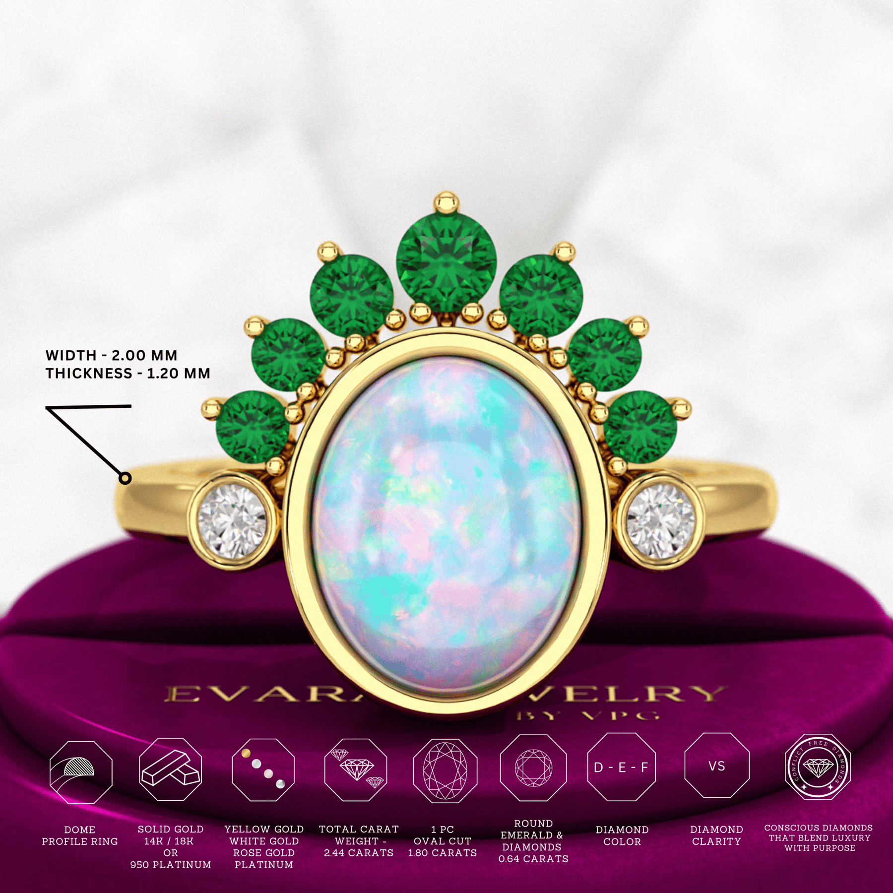 Natural Opal Multi Stone Art Deco Ring with Natural Emeralds and Diamonds - Evara Jewelry LLC