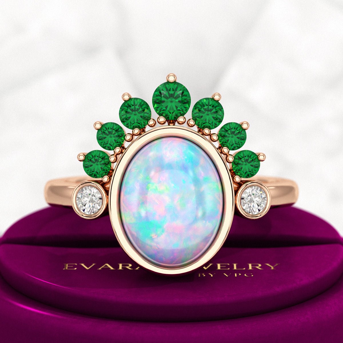 Natural Opal Multi Stone Art Deco Ring with Natural Emeralds and Diamonds - Evara Jewelry LLC