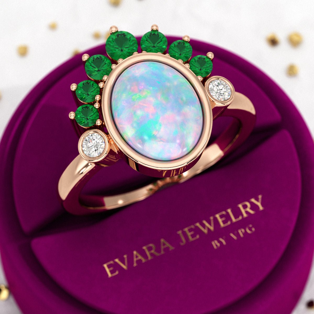 Natural Opal Multi Stone Art Deco Ring with Natural Emeralds and Diamonds - Evara Jewelry LLC