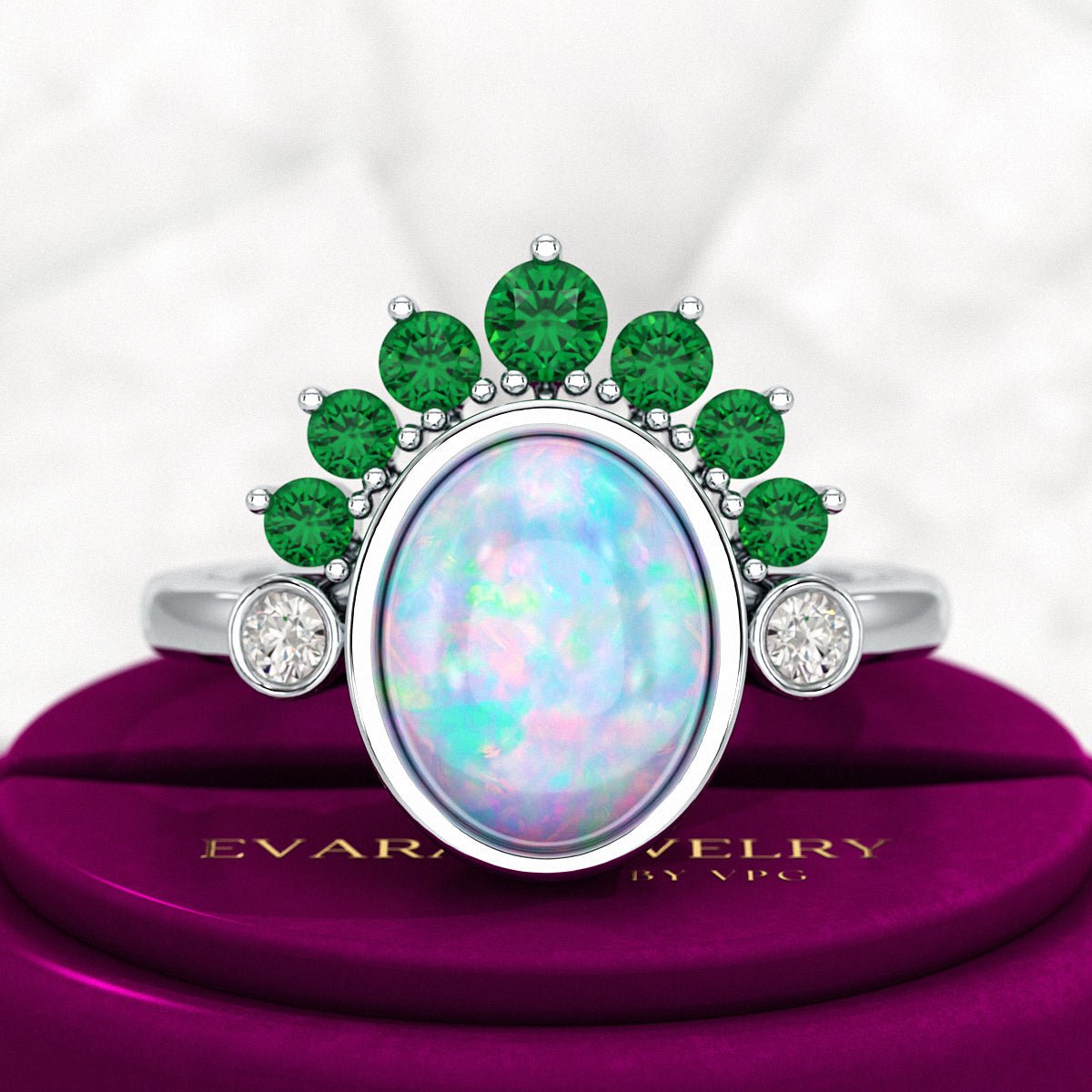 Natural Opal Multi Stone Art Deco Ring with Natural Emeralds and Diamonds - Evara Jewelry LLC