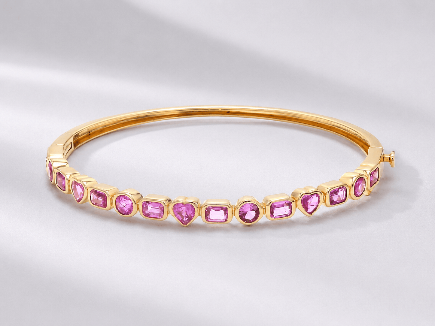 Natural Pink Sapphire Bezel Set Cuff Bracelet in 18K Gold - Evara Jewelry LLC