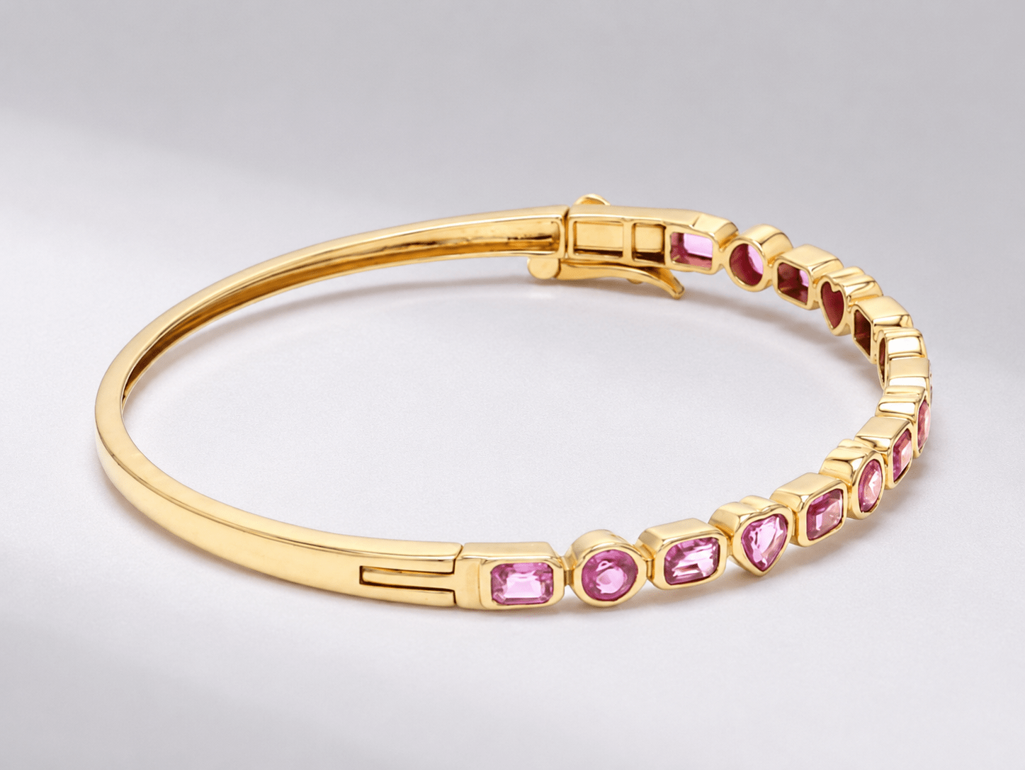 Natural Pink Sapphire Bezel Set Cuff Bracelet in 18K Gold - Evara Jewelry LLC