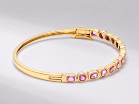 Natural Pink Sapphire Bezel Set Cuff Bracelet in 18K Gold - Evara Jewelry LLC