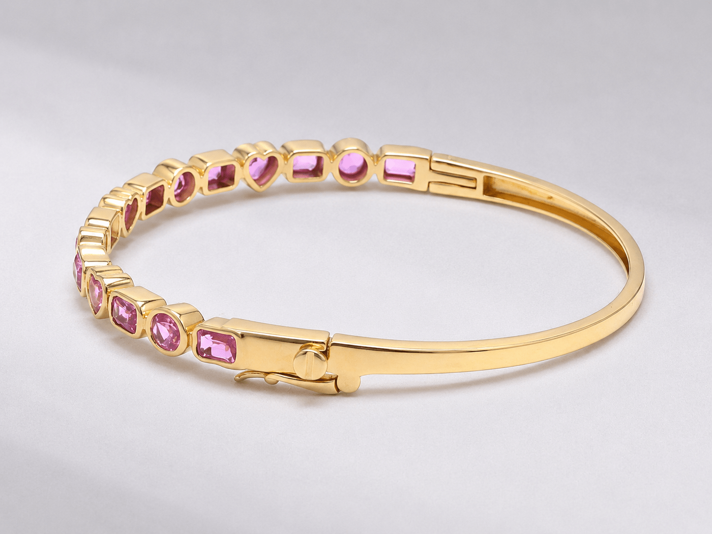 Natural Pink Sapphire Bezel Set Cuff Bracelet in 18K Gold - Evara Jewelry LLC