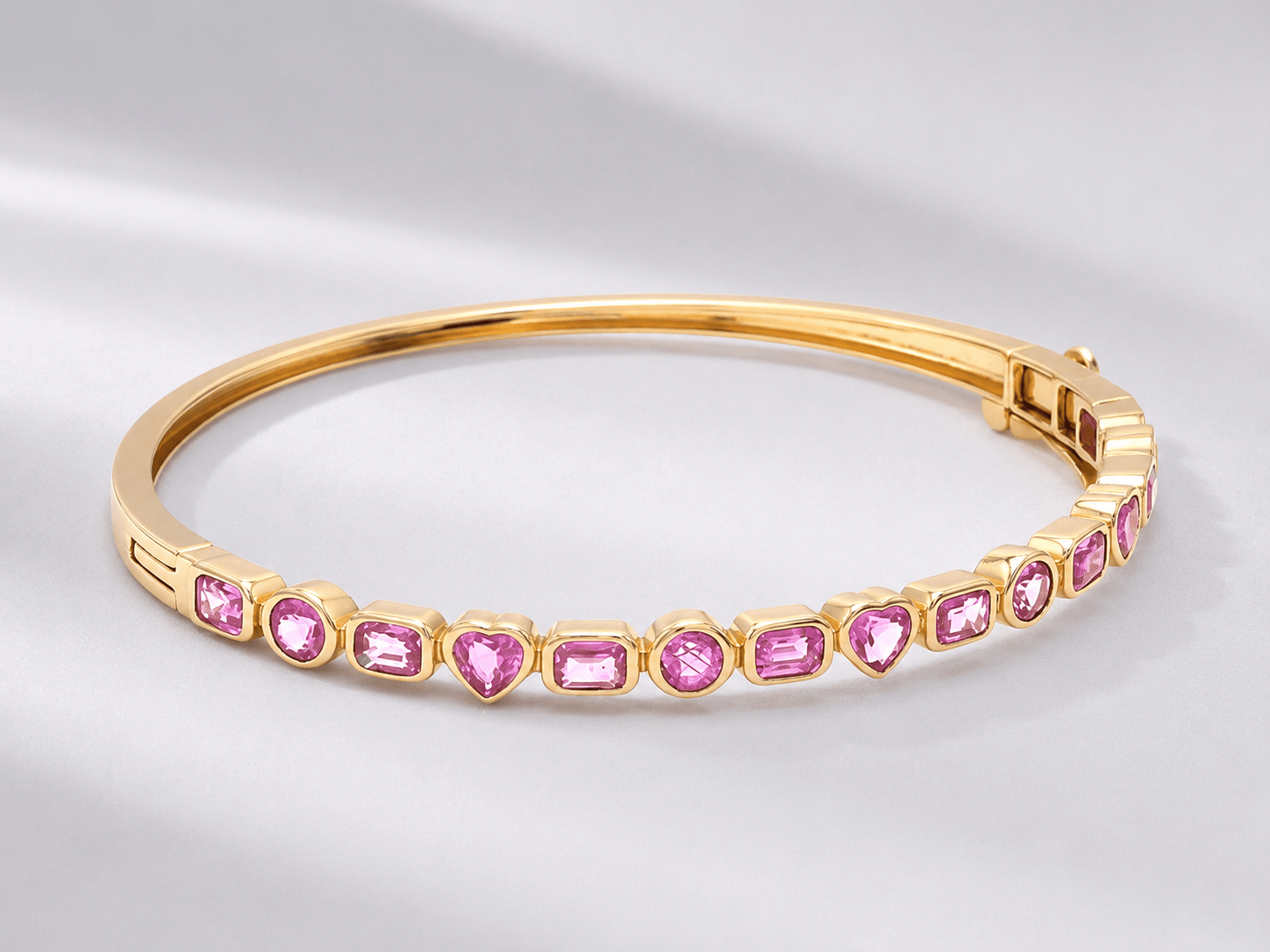 Natural Pink Sapphire Bezel Set Cuff Bracelet in 18K Gold - Evara Jewelry LLC