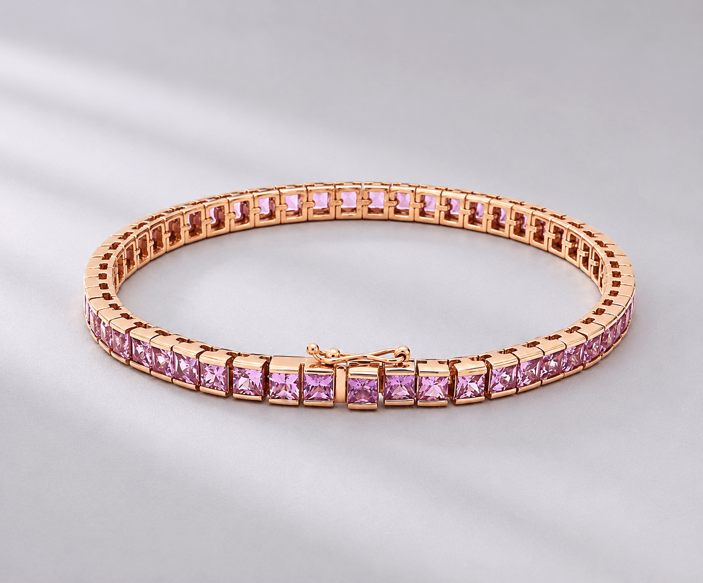 Natural Pink Sapphire Channel Set Half Bezel Bracelet: Princess cut Tennis Bracelet in 18K Gold - Evara Jewelry LLC