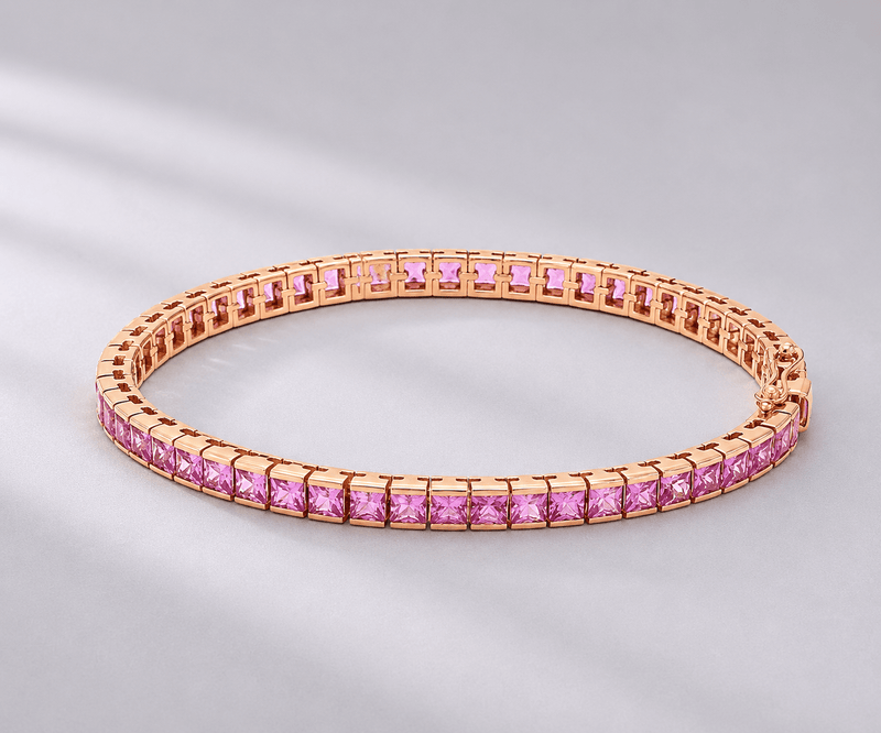 Natural Pink Sapphire Channel Set Half Bezel Bracelet: Princess cut Tennis Bracelet