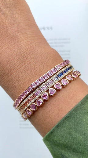 Natural Pink Sapphire Channel Set Half Bezel Bracelet: Princess cut Tennis Bracelet in 18K Gold - Evara Jewelry LLC