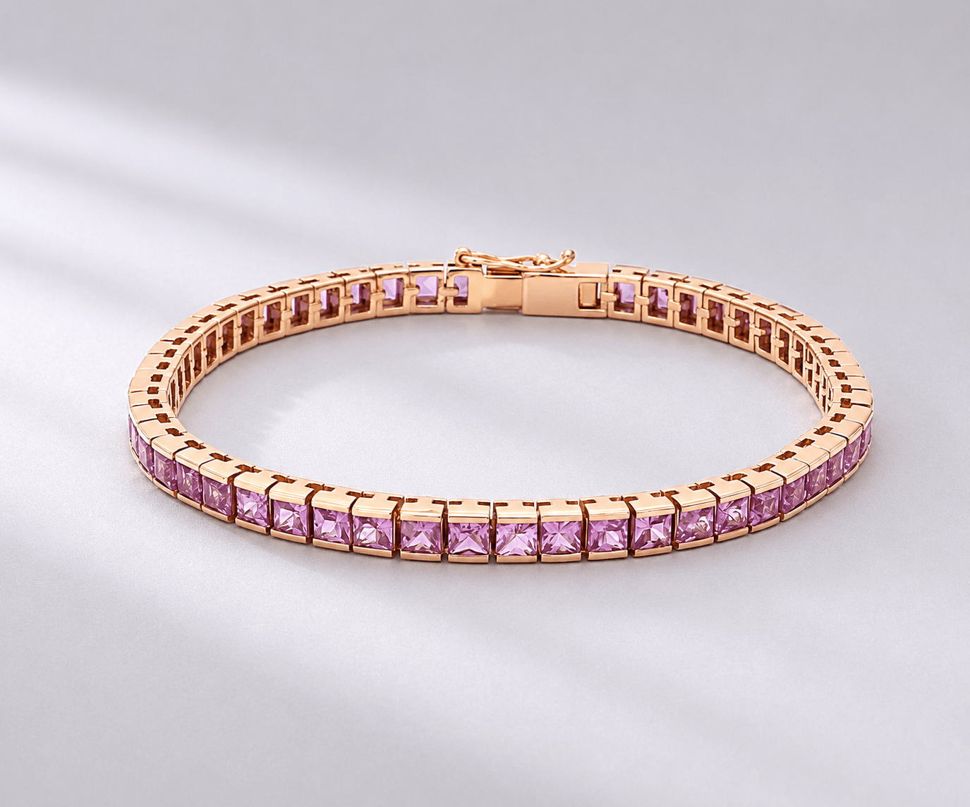 Natural Pink Sapphire Channel Set Half Bezel Bracelet: Princess cut Tennis Bracelet in 18K Gold - Evara Jewelry LLC