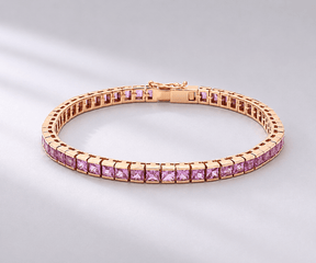 Natural Pink Sapphire Channel Set Half Bezel Bracelet: Princess cut Tennis Bracelet in 18K Gold - Evara Jewelry LLC