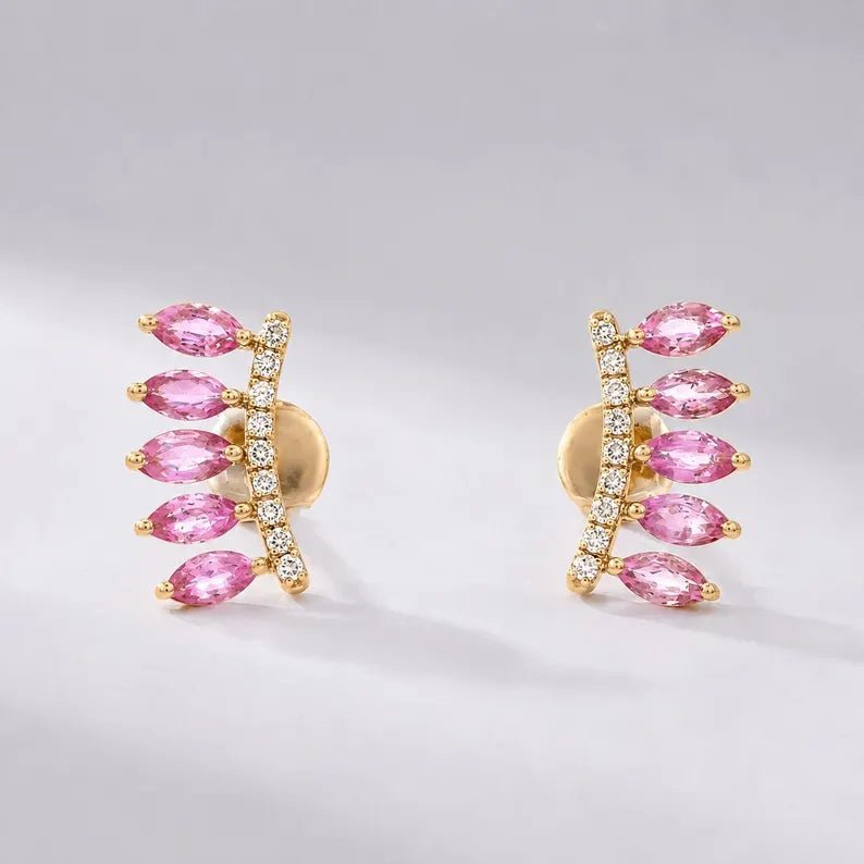 Natural Pink Sapphire Climber Stud Earrings in 14K - Evara Jewelry LLC