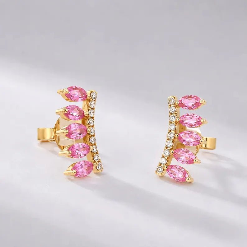 Natural Pink Sapphire Climber Stud Earrings in 14K - Evara Jewelry LLC