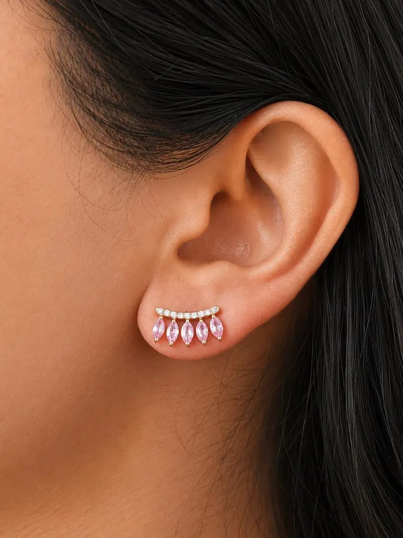 Natural Pink Sapphire Climber Stud Earrings in 14K - Evara Jewelry LLC