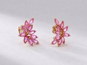 Natural Pink Sapphire Floral Stud Earrings: Marquise Cut, Birthday Gift - Evara Jewelry LLC