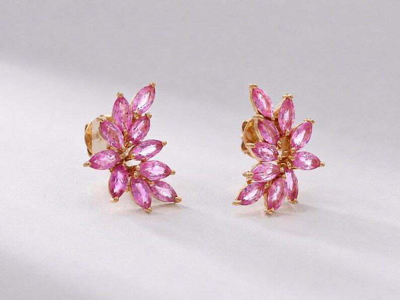 Natural Pink Sapphire Floral Stud Earrings: Marquise Cut, Birthday Gift - Evara Jewelry LLC