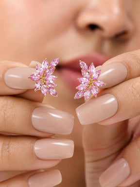 Natural Pink Sapphire Floral Stud Earrings: Marquise Cut, Birthday Gift - Evara Jewelry LLC
