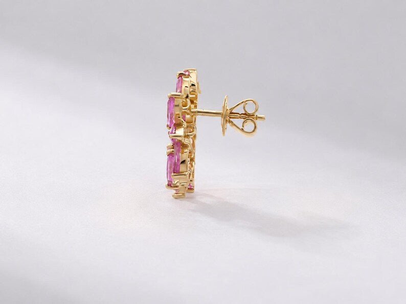 Natural Pink Sapphire Floral Stud Earrings: Marquise Cut, Birthday Gift - Evara Jewelry LLC