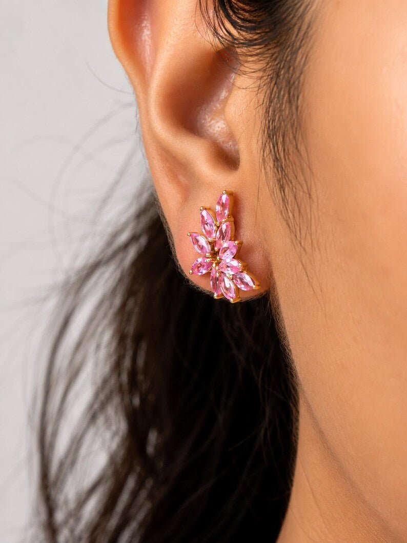 Natural Pink Sapphire Floral Stud Earrings: Marquise Cut, Birthday Gift - Evara Jewelry LLC