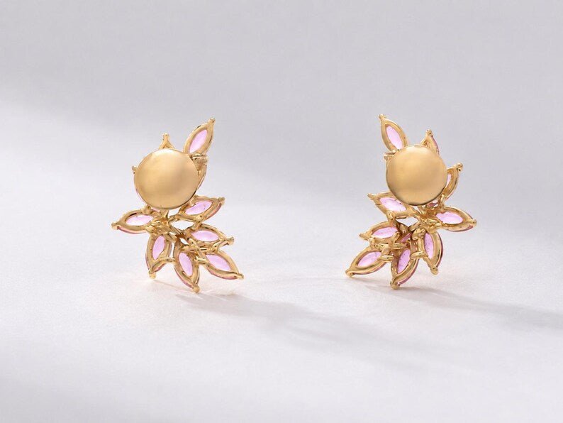 Natural Pink Sapphire Floral Stud Earrings: Marquise Cut, Birthday Gift - Evara Jewelry LLC