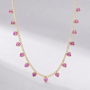 Natural Pink Sapphire Heart Charm and Lab-Grown Diamond Tennis Necklace in Rose Gold - Evara Jewelry LLC