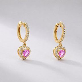 Natural Pink Sapphire Hoop Earrings: Heart Cut 14K Rose Gold, Halo Diamond Hoops - Evara Jewelry LLC