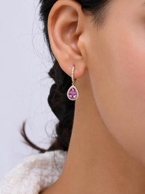 Natural Pink Sapphire Hoop Earrings, Pear Drop Earrings: 14K Rose Gold, Halo Diamond Hoops - Evara Jewelry LLC