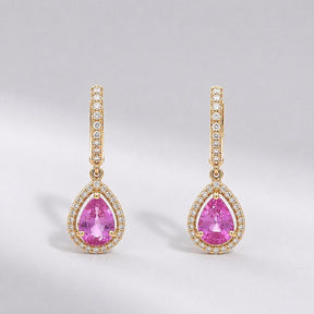 Natural Pink Sapphire Hoop Earrings, Pear Drop Earrings: 14K Rose Gold, Halo Diamond Hoops - Evara Jewelry LLC