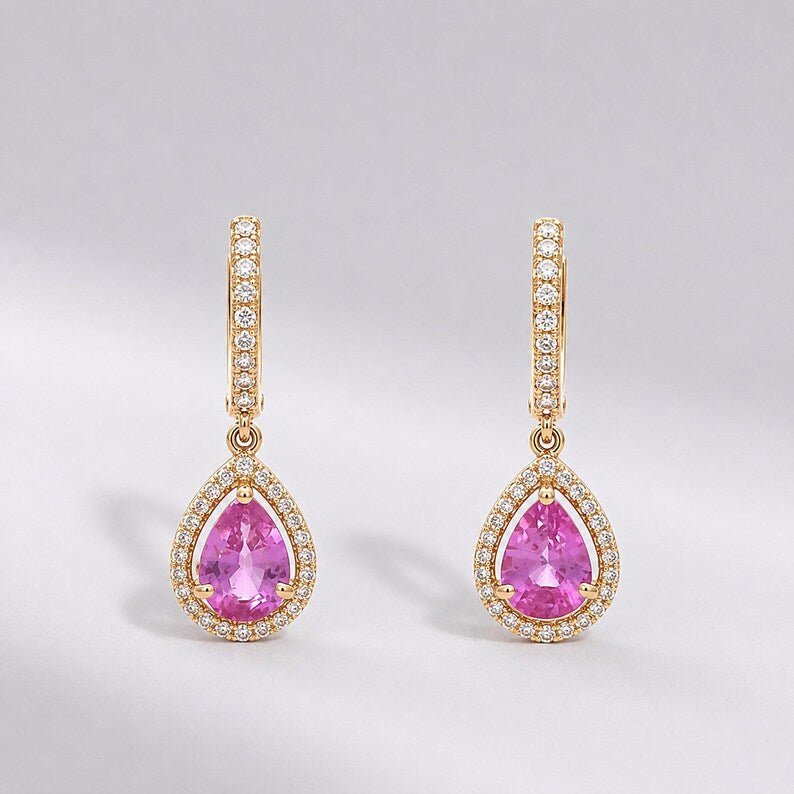 Natural Pink Sapphire Hoop Earrings, Pear Drop Earrings: 14K Rose Gold, Halo Diamond Hoops - Evara Jewelry LLC