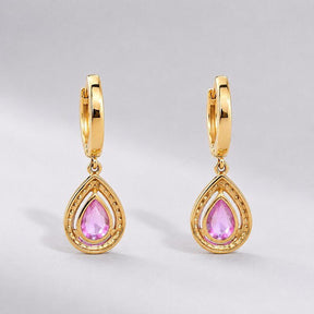 Natural Pink Sapphire Hoop Earrings, Pear Drop Earrings: 14K Rose Gold, Halo Diamond Hoops - Evara Jewelry LLC