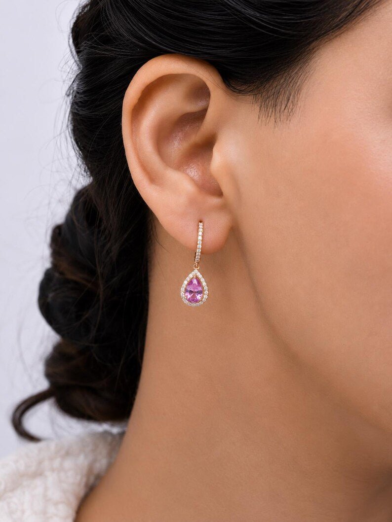 Natural Pink Sapphire Hoop Earrings, Pear Drop Earrings: 14K Rose Gold, Halo Diamond Hoops - Evara Jewelry LLC