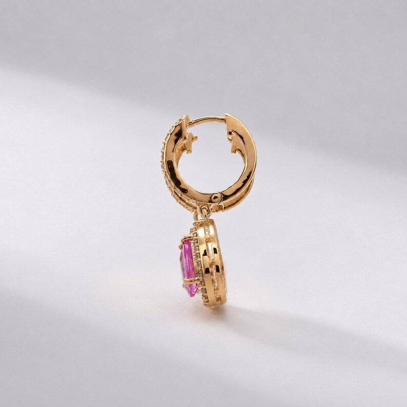 Natural Pink Sapphire Hoop Earrings, Pear Drop Earrings: 14K Rose Gold, Halo Diamond Hoops - Evara Jewelry LLC